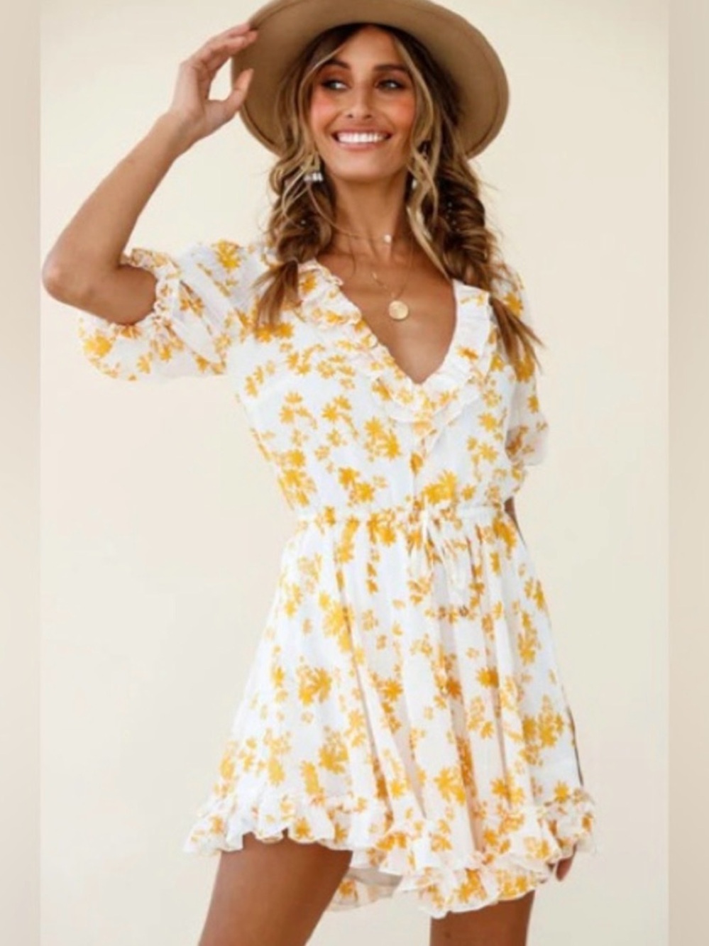 XS Brianna Puff Sleeve Drawstring Waist Dress in Floral Print Yellow